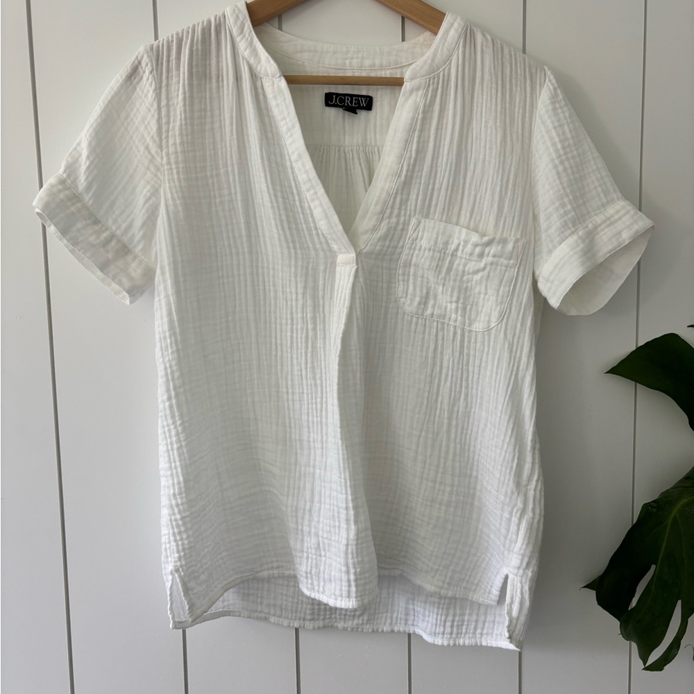 J. Crew White Cotton V Neck Top